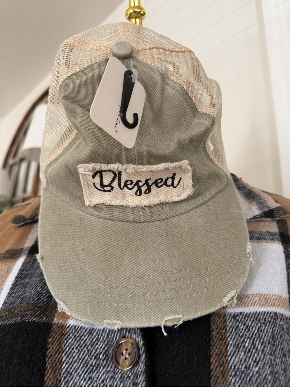 Distressed Blessed Olive Green Women’s Trucker Hat